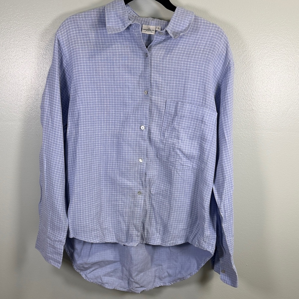 Allen Allen Linen Sky Blue Checked High-Low‎ Button-Down Shirt Sz Large